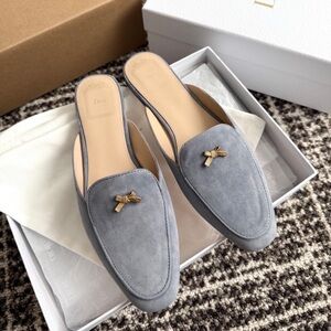 Dior Light Grey Suede Backless Mules with Gold Bow